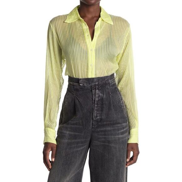 Unravel Project NWOT Silk Blend Sheer Striped Collared Bodysuit Yellow Size 38 - Picture 1 of 8